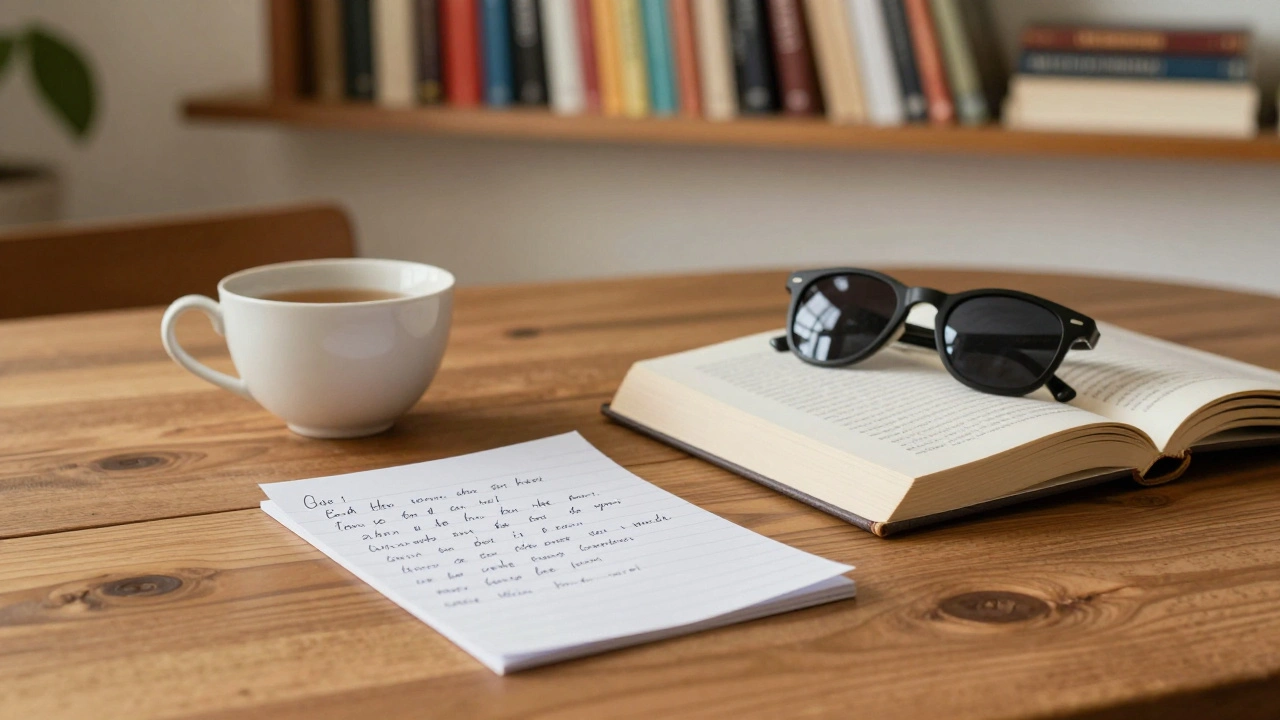 A quiet villa interior with an open book, tea cup, and sunglasses left on a wooden table.