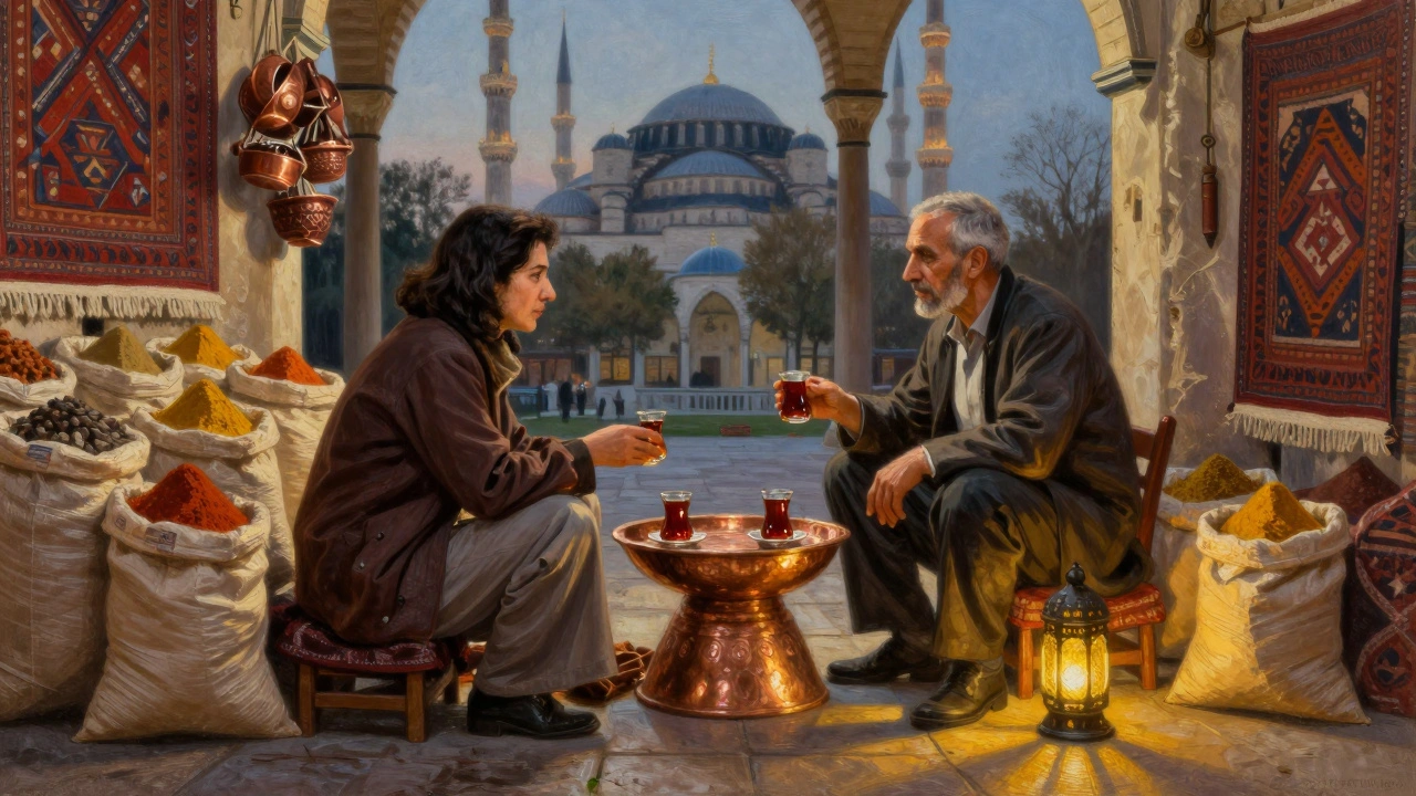 A shopkeeper and shopper share tea during a traditional haggle, surrounded by copperware and kilims under the soft glow of twilight.