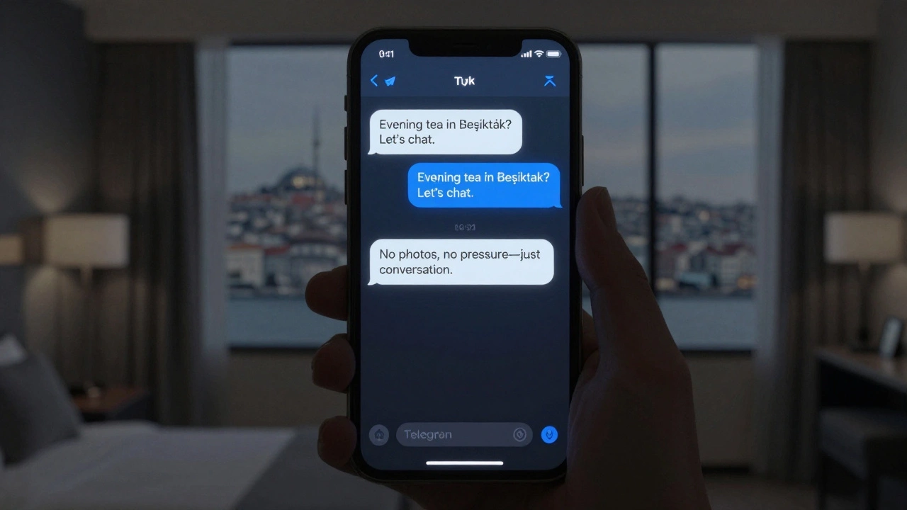 A smartphone screen displaying a discreet Telegram message about meeting for tea in Beşiktaş.