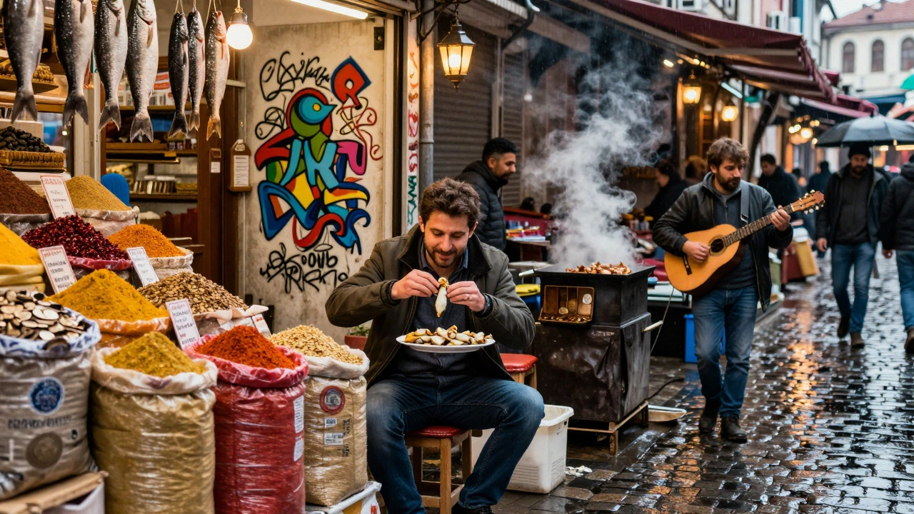 A solo traveler eating stuffed mussels at a bustling market, with musicians and colorful stalls around them.
