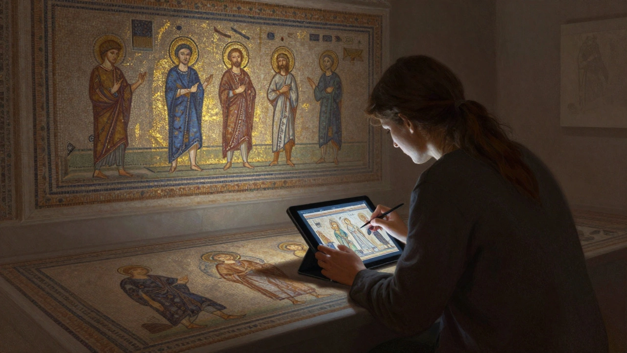 A visitor explores intricate mosaic details using a digital tablet at the Chora Museum with enhanced lighting.