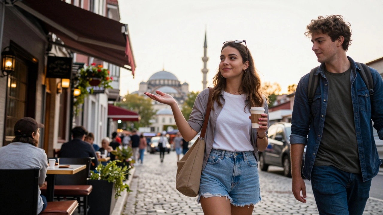 A young woman walking through Ortaköy with a traveler, pointing out a hidden café as the sun sets.