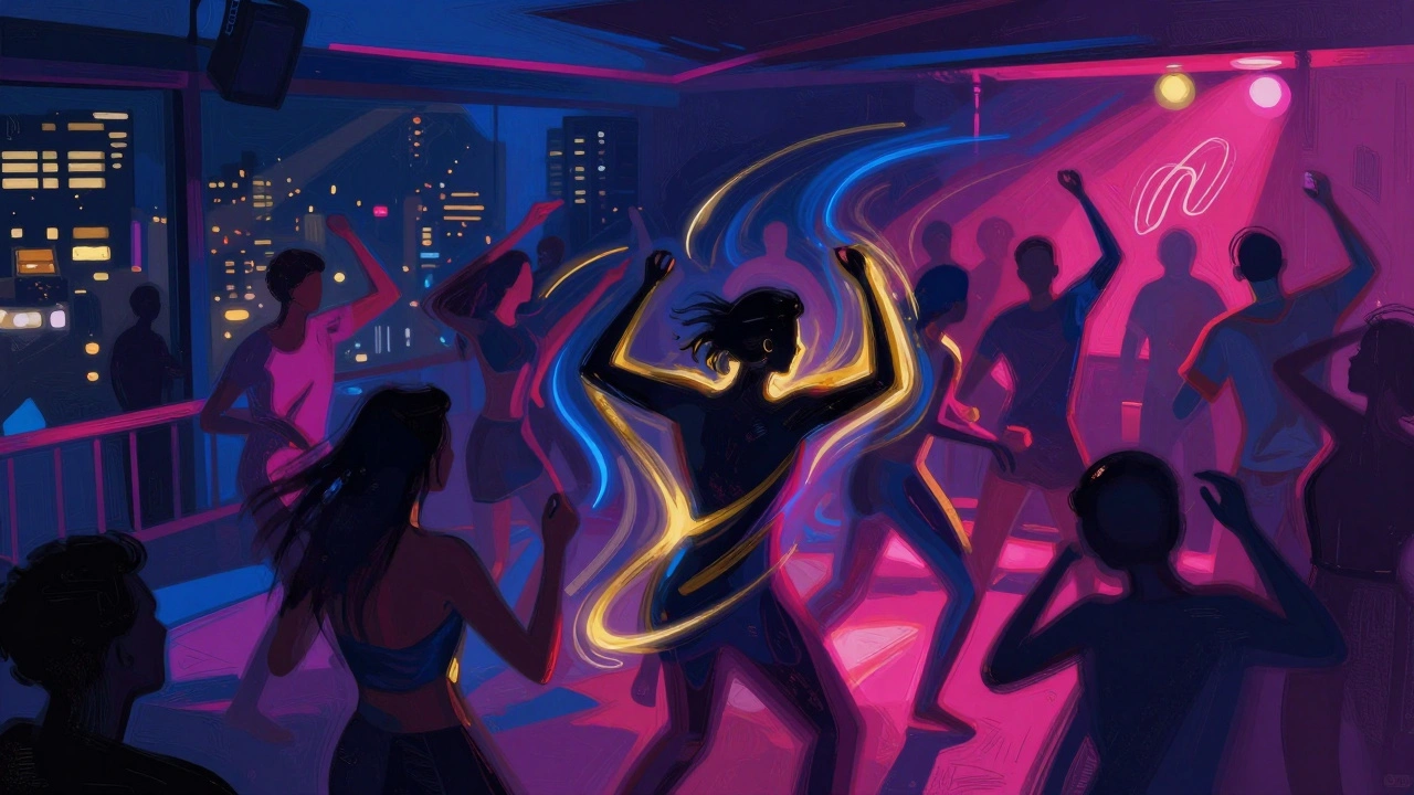 Abstract illustration of neon lights and silhouettes on a dance floor.