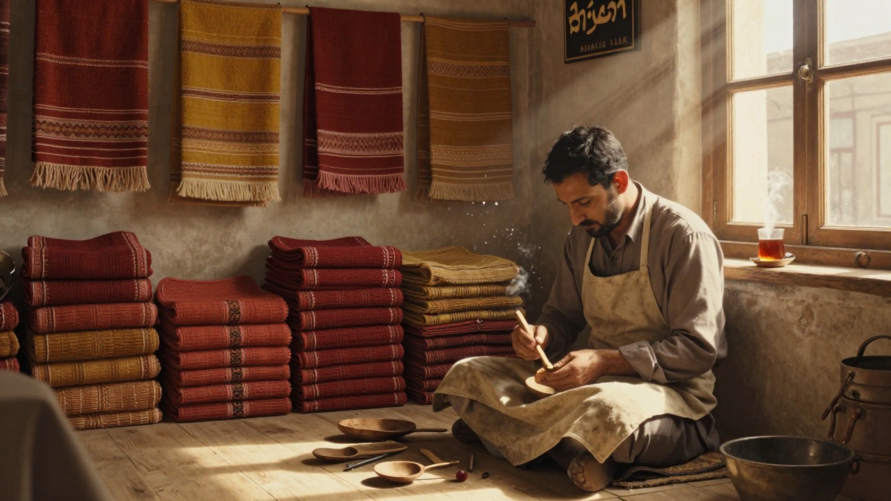 An artisan carves olive wood into a spoon in Arasta Bazaar, surrounded by handwoven Turkish towels and warm afternoon light.