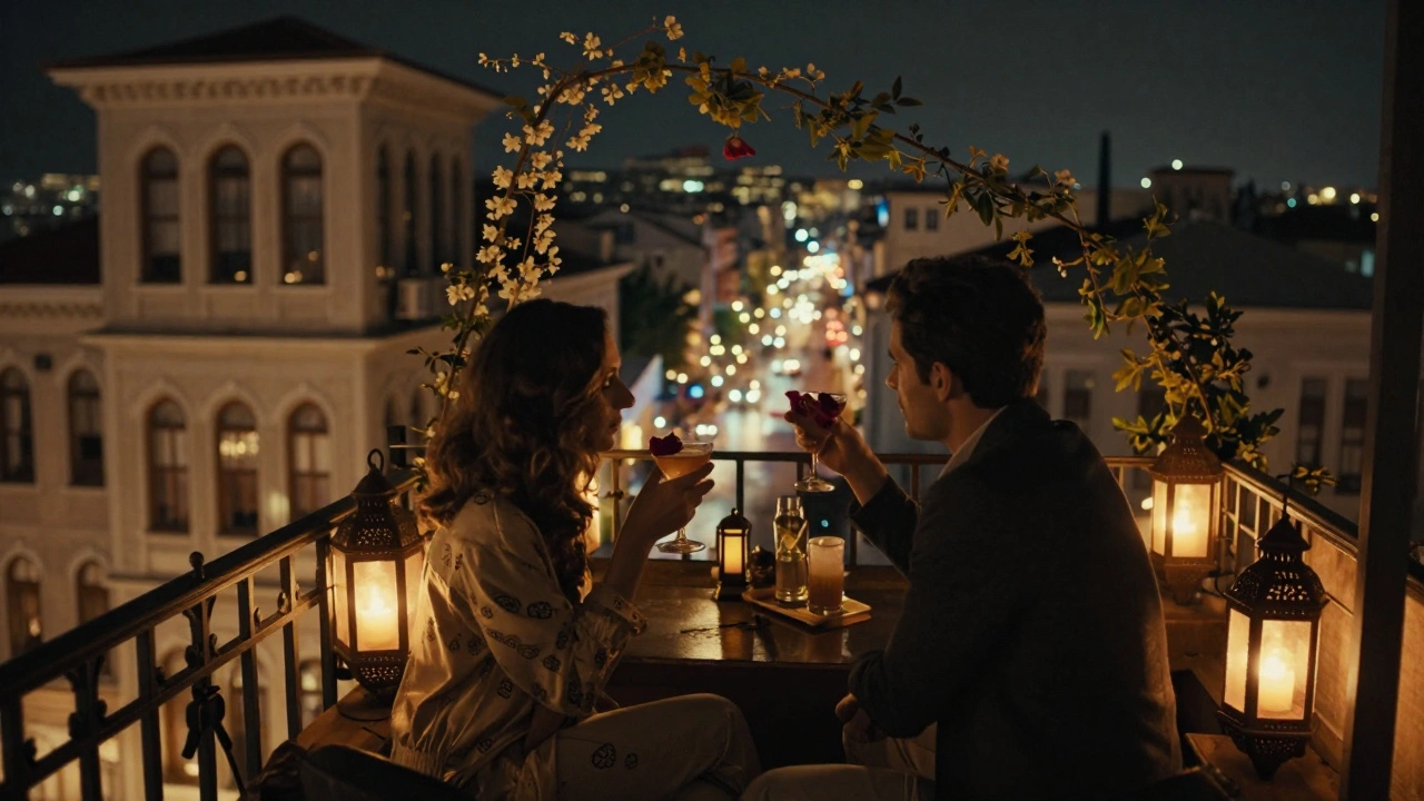 An intimate rooftop terrace in Taksim with lantern-lit Ottoman architecture, a couple sipping a rose-infused cocktail at night.