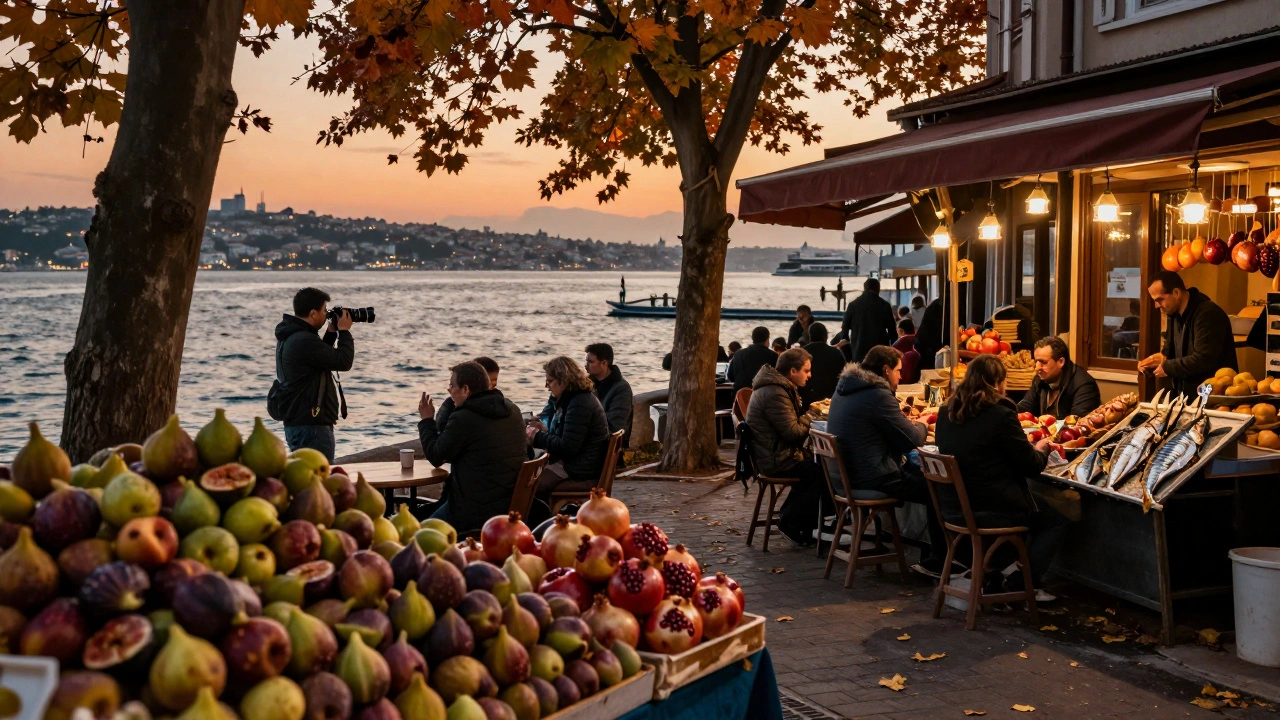 Autumn market in Kadıköy with fresh fruit, grilled fish, and golden evening light over the Bosphorus.