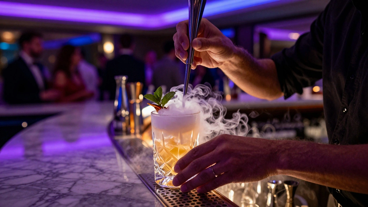 Bartender preparing a smoky cocktail at a dimly lit upscale bar counter.