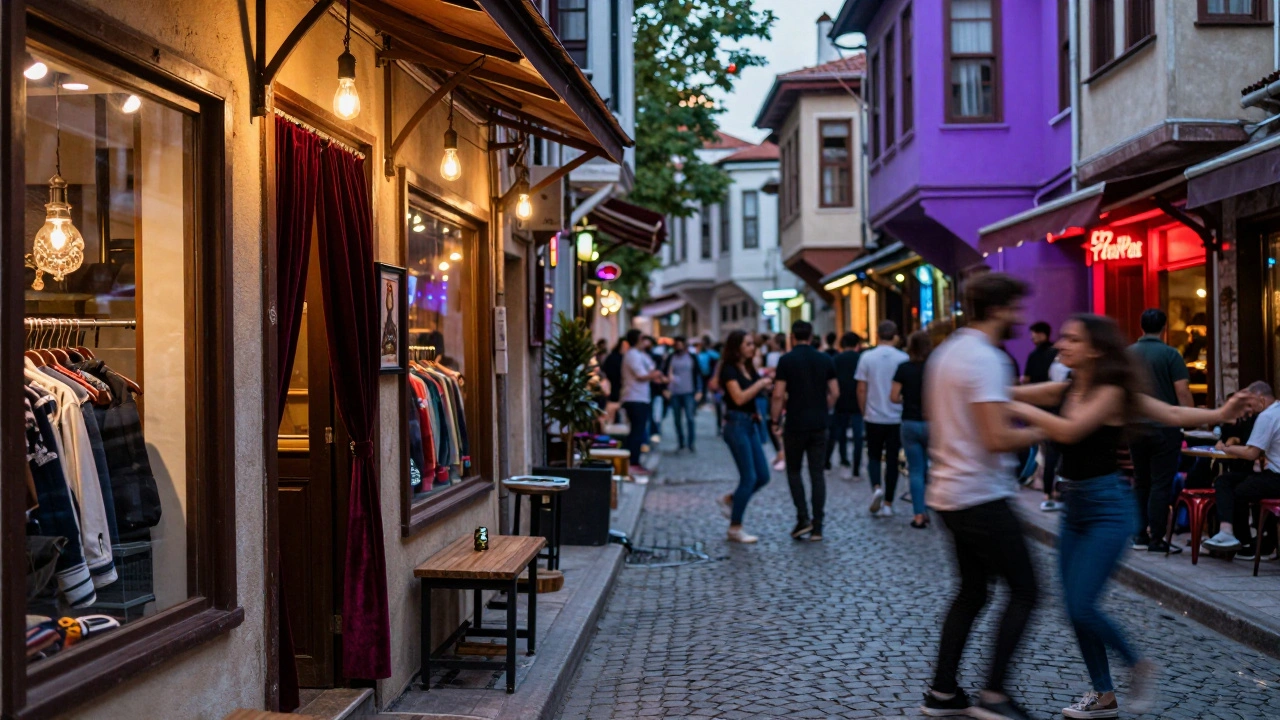 Busy Istanbul street with neon signs and crowd at night