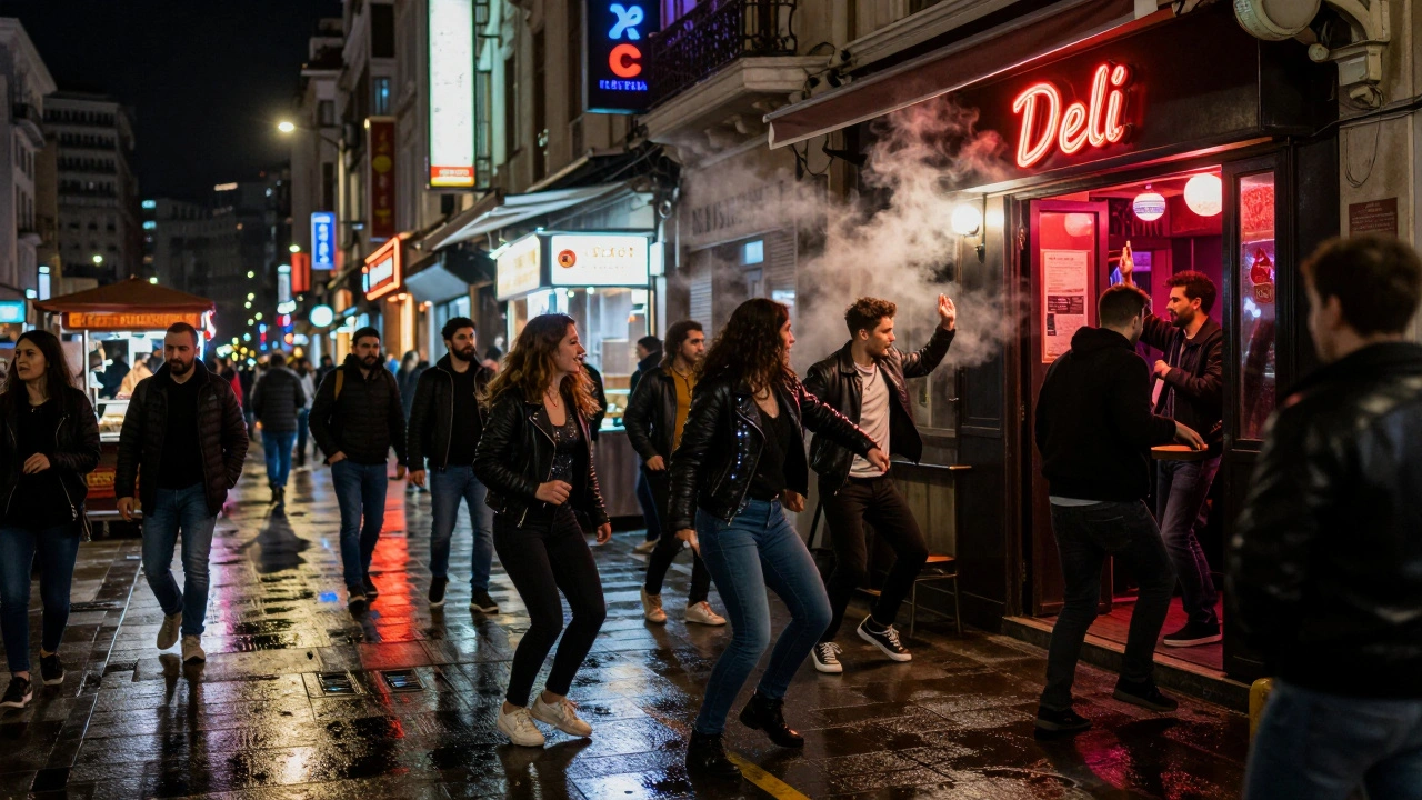 Crowd dancing on a lively Istanbul street at night under neon lights with music pouring from a club.