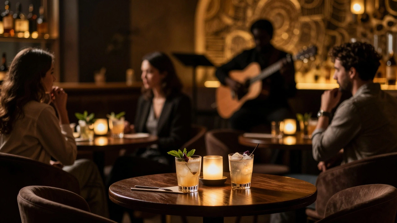 Dimly lit lounge interior with cocktails and musicians in background.