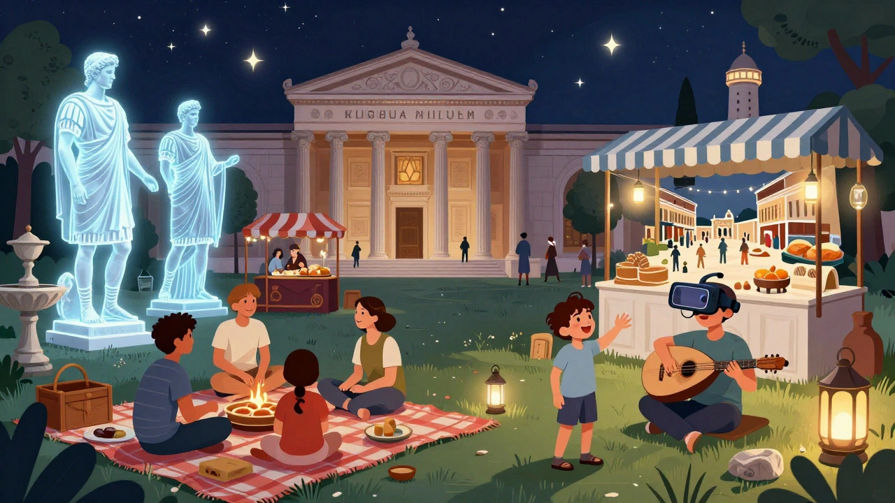 Families enjoy a Museum Night at Istanbul Archaeology Museums with holograms, food stalls, and live music under the stars.
