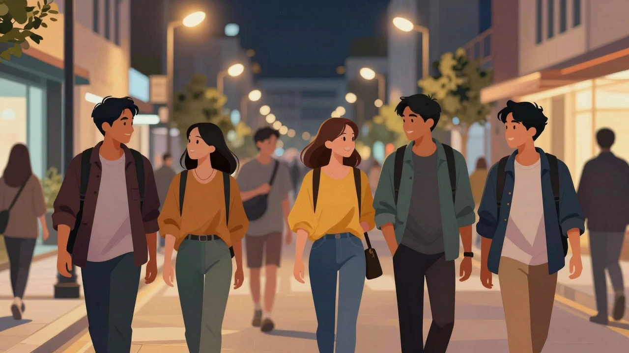 Friends walking safely on a well-lit city street at night.