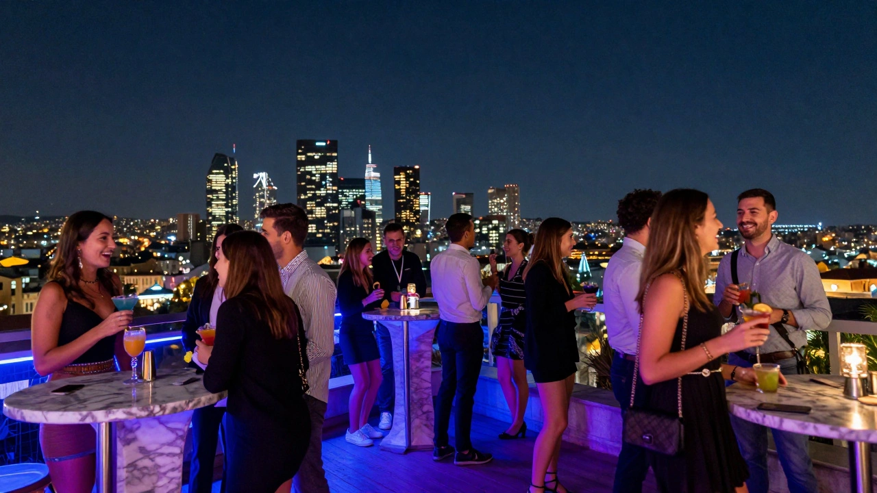 Group of friends enjoying cocktails with panoramic night city lights background.