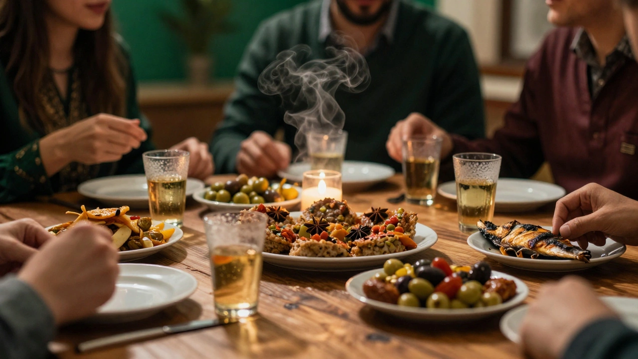 Group sharing traditional Rakı and meze dinner indoors