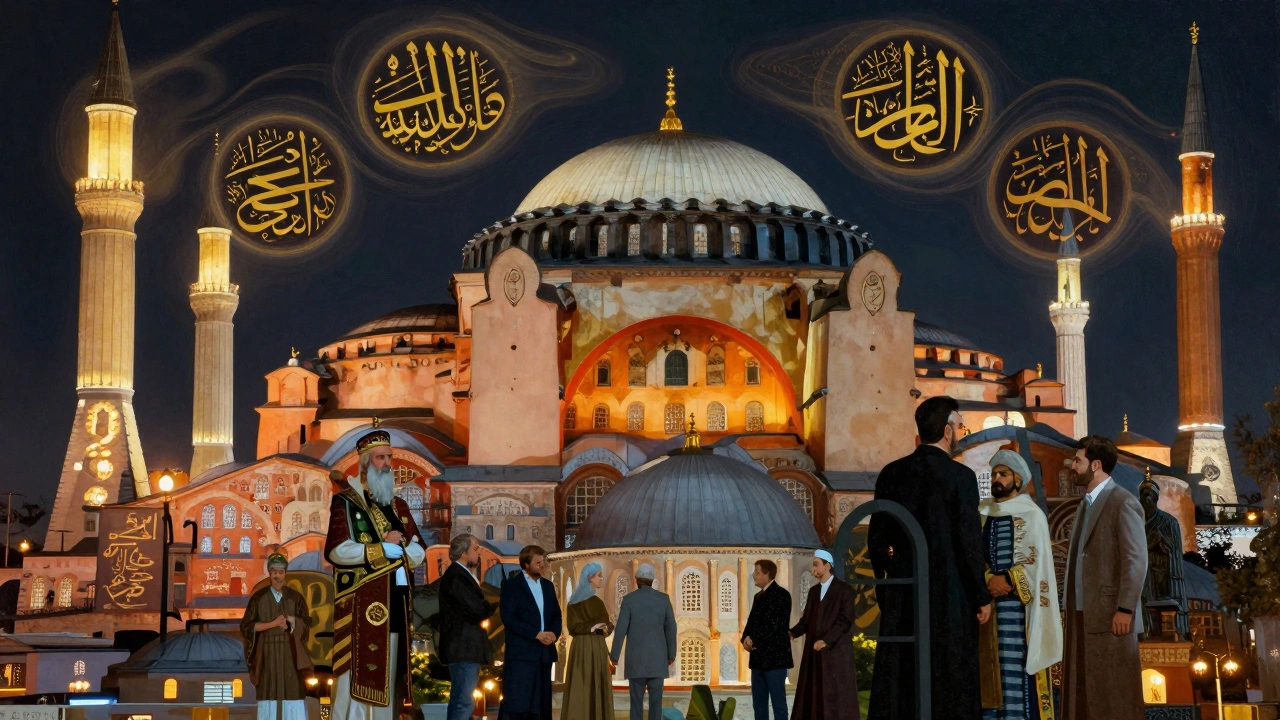 Hagia Sophia’s dome at night surrounded by floating Ottoman calligraphy, with layered silhouettes of historical and modern figures beneath.