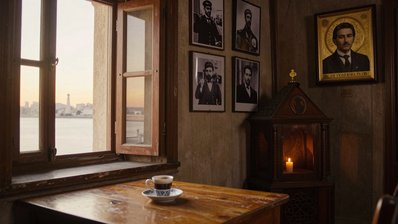 Interior of Maiden's Tower showing old photographs, a cup of Turkish coffee, and a faint candlelit chapel corner with a worn religious icon.