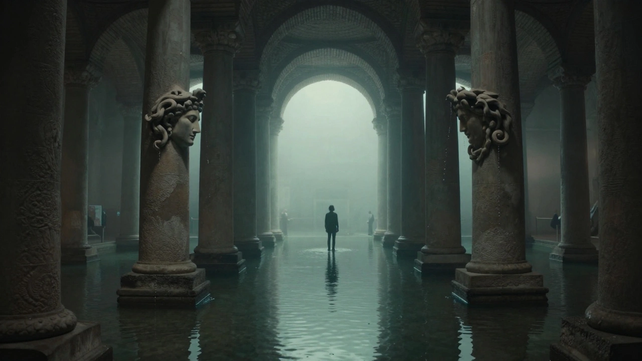 Misty interior of the Basilica Cistern with towering columns and ancient Medusa heads, water dripping slowly in the dim, silent chamber.