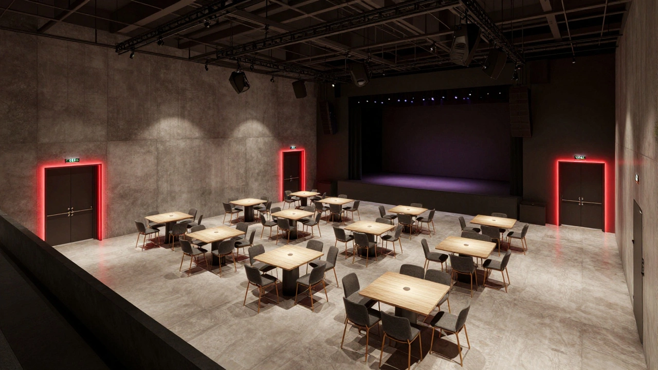 Modern venue interior with clear exit paths and modular furniture setup.