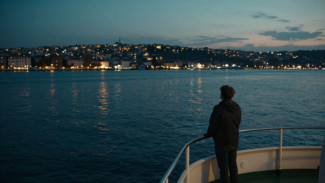 Solitary figure on ferry looking at illuminated Istanbul coast