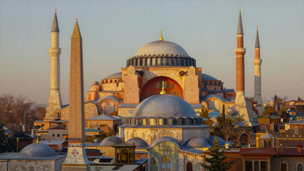 The Blue Mosque’s dome framed by the Hippodrome’s obelisk, with Hagia Sophia in the distance during golden hour.