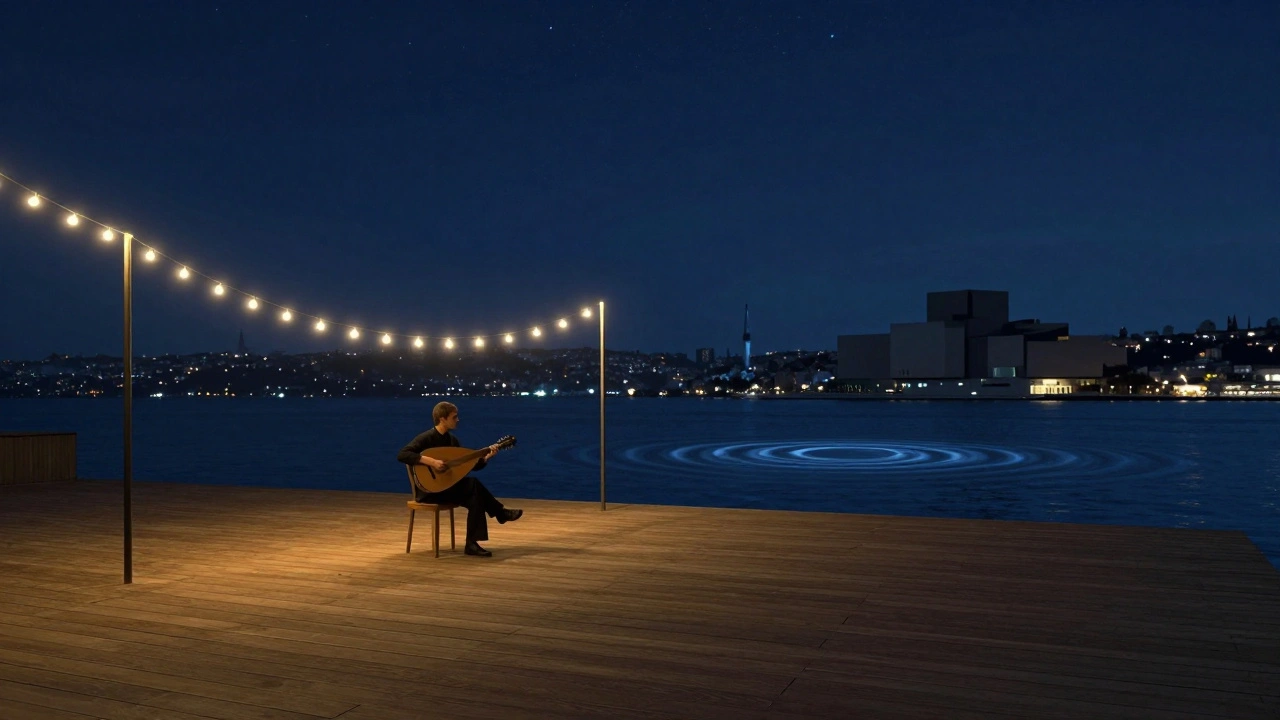 The Deck at Arter at night with oud player, ambient lighting, and starry sky over the Bosphorus.