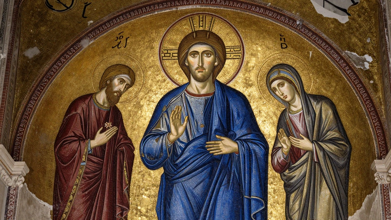 The Deesis mosaic showing Christ flanked by the Virgin Mary and John the Baptist, glowing with gold tesserae and ancient detail.