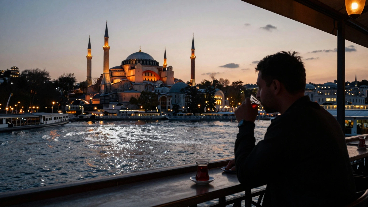 Topkapi Palace’s terrace at twilight, overlooking Istanbul’s skyline lit by soft amber lamps and the Bosphorus below.