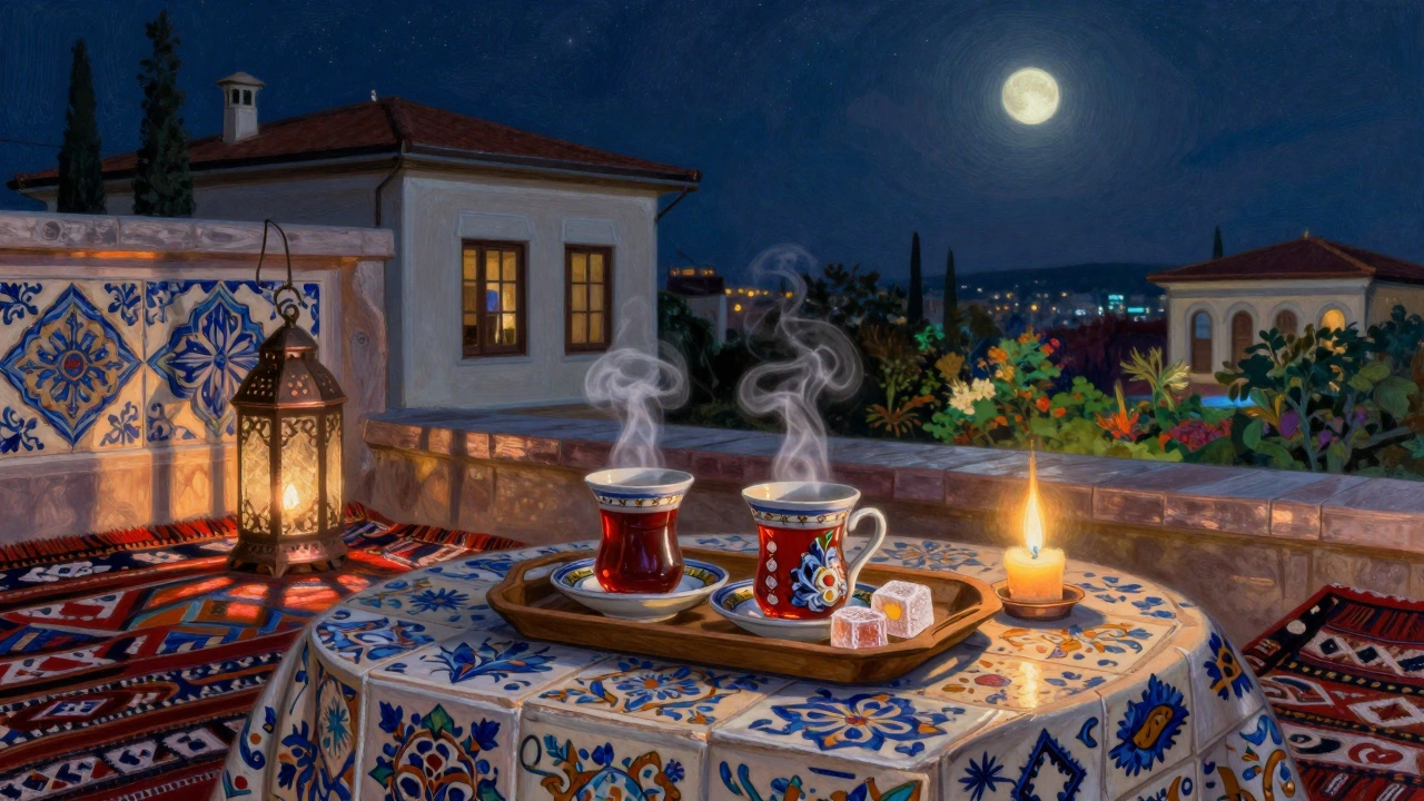 Two ceramic tea cups and a candle on a traditional Ottoman-style rooftop, soft lantern light casting warm shadows.