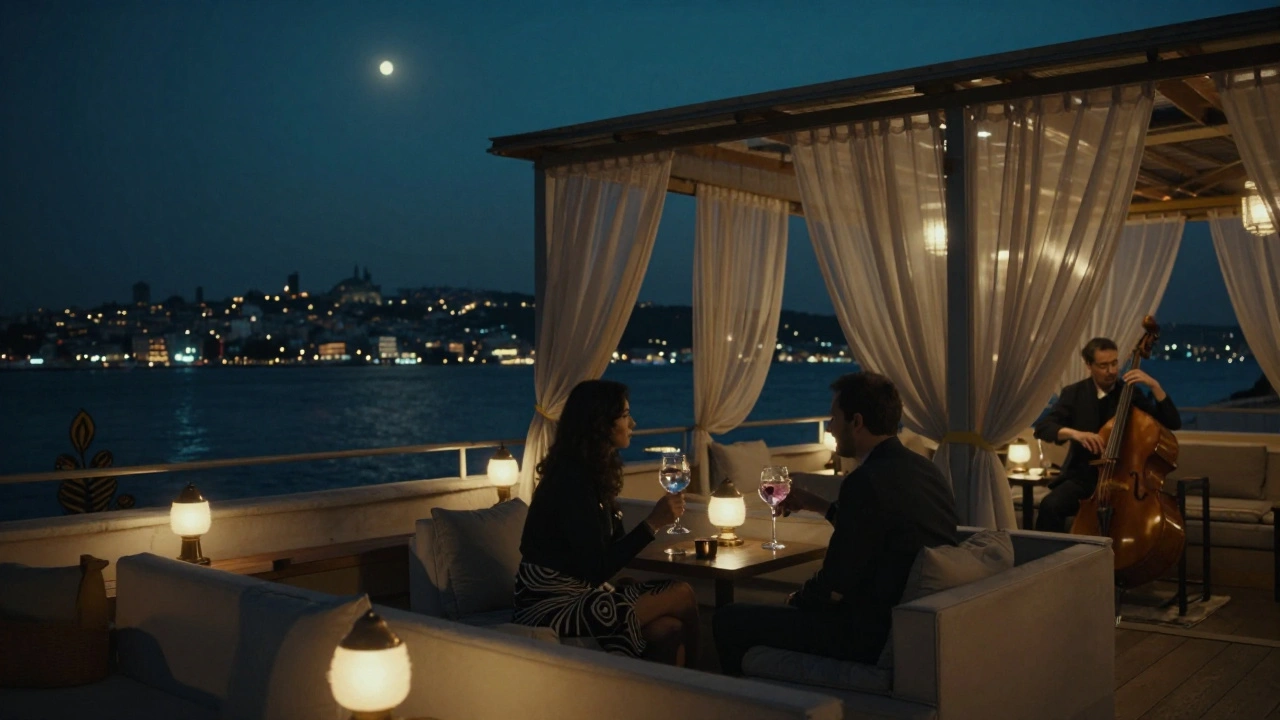 Two people sit in a rooftop alcove overlooking the Bosphorus, sipping gin as jazz plays softly under the night sky.